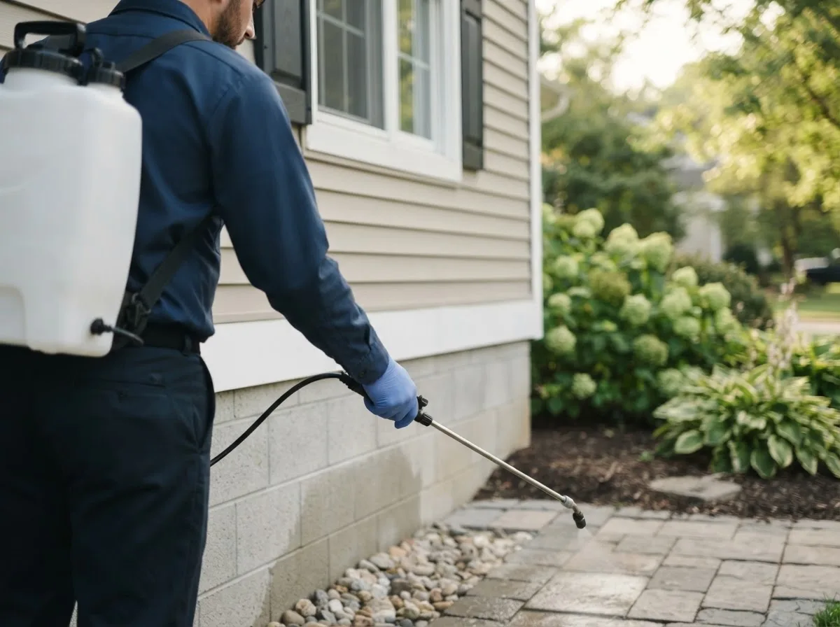 Pest control technician inspecting a home in Steedman, MO